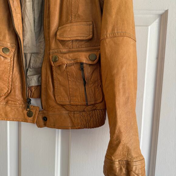 Vintage Banana Republic Genuine Leather Tan Bomber Moto Jacket Size Medium Soft - Picture 3 of 9